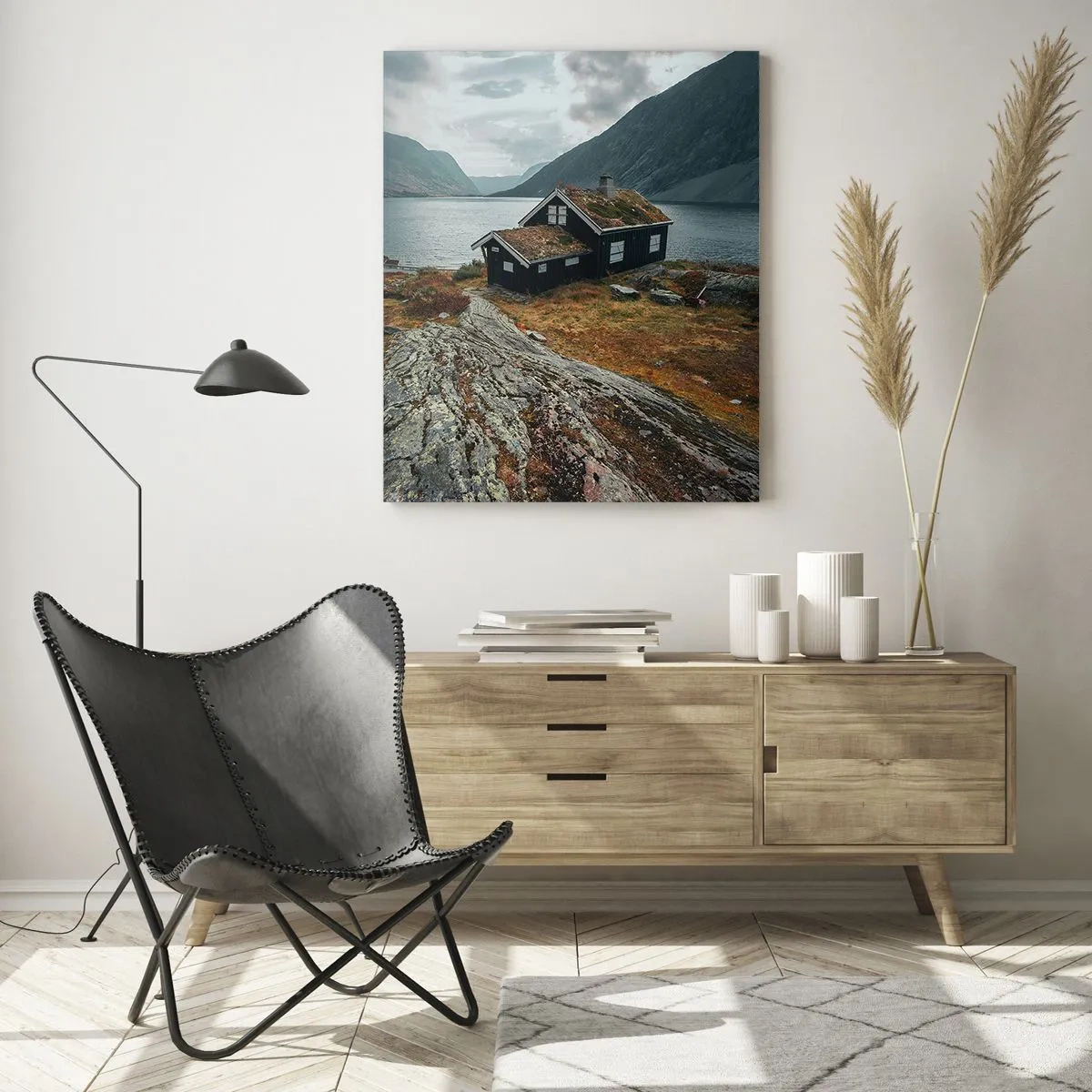 Obraz na skle - Domček pri fjorde - 50x70 cm