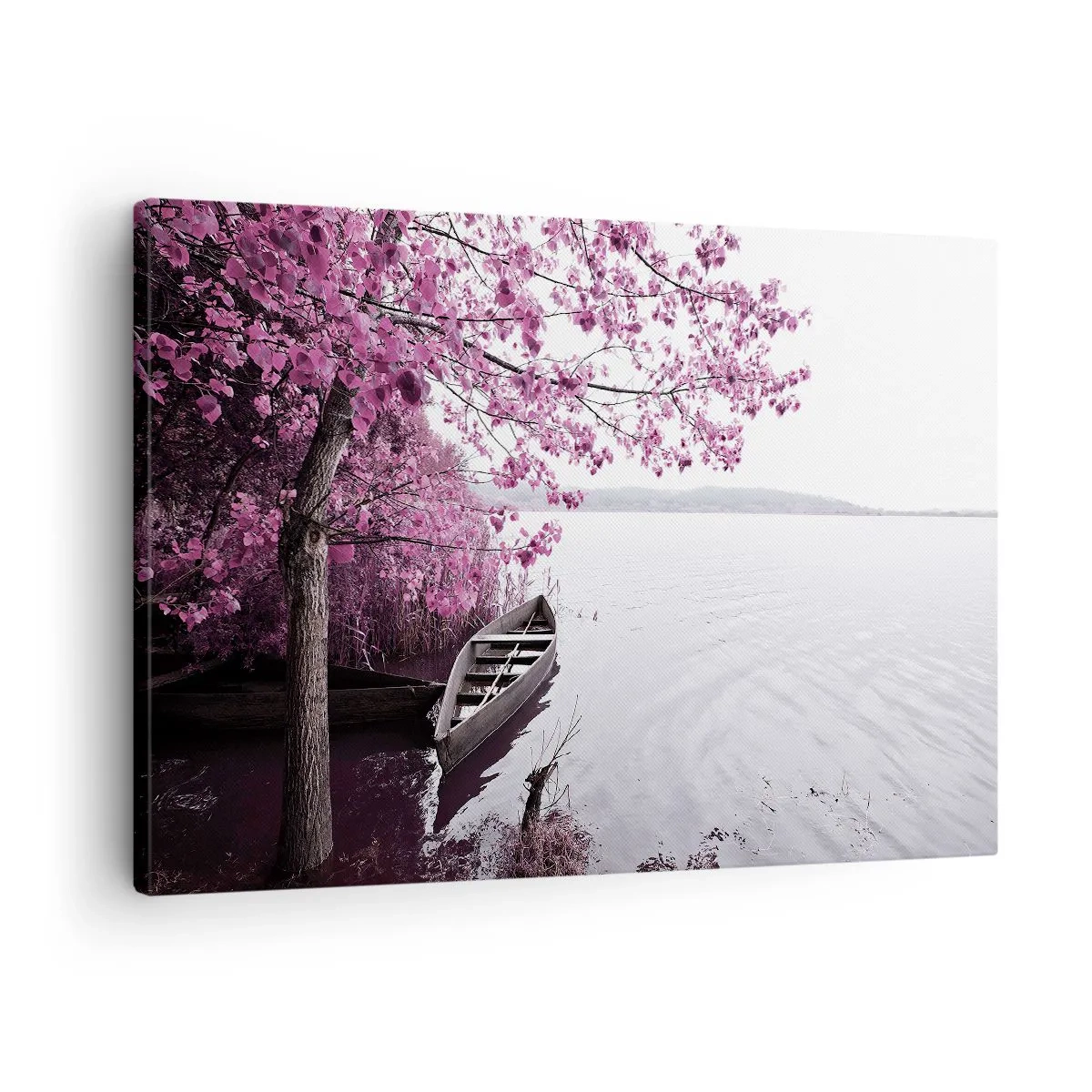 Obraz na plátne - Loď na brehu jazera medzi ružovými stromami - 70x50cm - V ružovom tichu - Moderná nástenná dekorácia do obývacej izby a spálne ARTTOR
