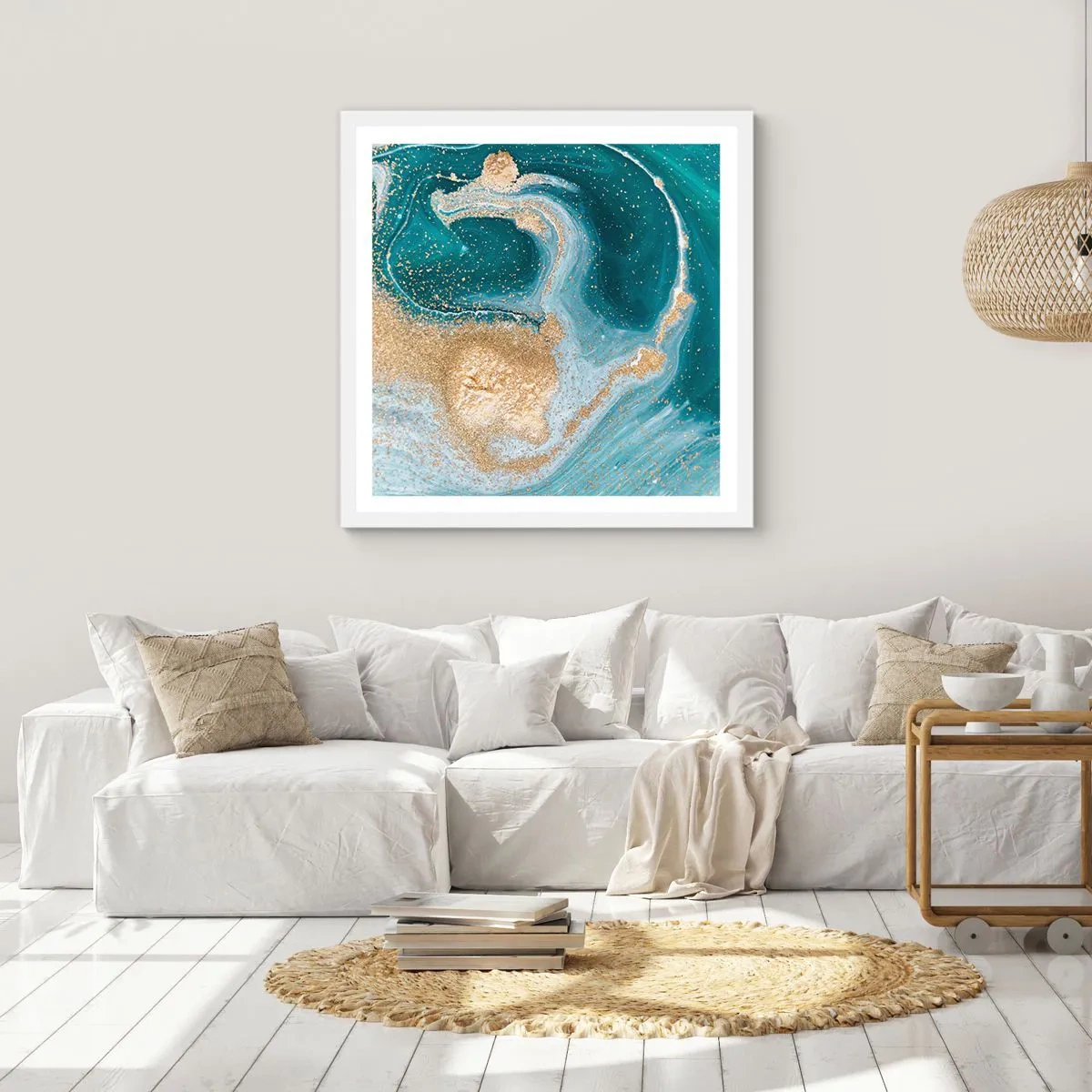 Plagát v bielom ráme - Vír zlatej a tyrkysovej - 40x40 cm