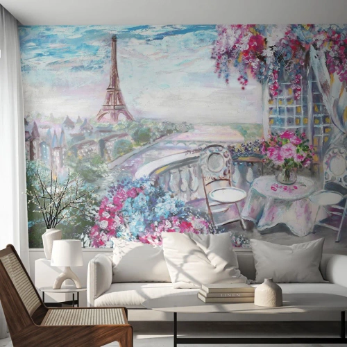 Fototapeta Standard Eco - Romantický výhľad na Eiffelovu vežu z balkóna - 100x70cm - Najkrajšie je tu v máji - Moderná nástenná dekorácia do obývacej izby a spálne ARTTOR