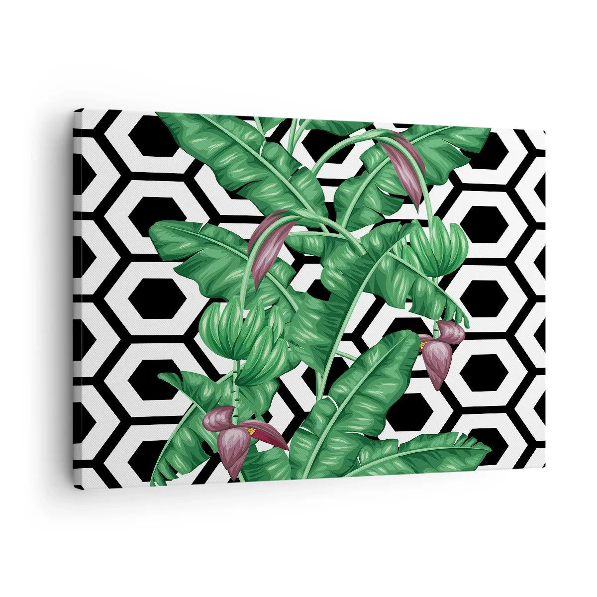 Obraz na plátne - Tropické listy na geometrickom pozadí - 70x50cm - Symetrická kompozícia od prírody - Moderná nástenná dekorácia do obývacej izby a spálne ARTTOR