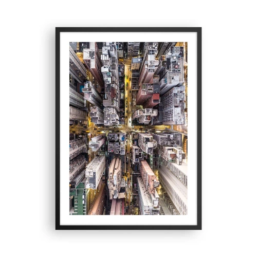 Plagát v čiernom ráme - Letecký pohľad na mesto v noci - 50x70cm - Pozdrav z Hongkongu - Moderná nástenná dekorácia do obývacej izby a spálne ARTTOR