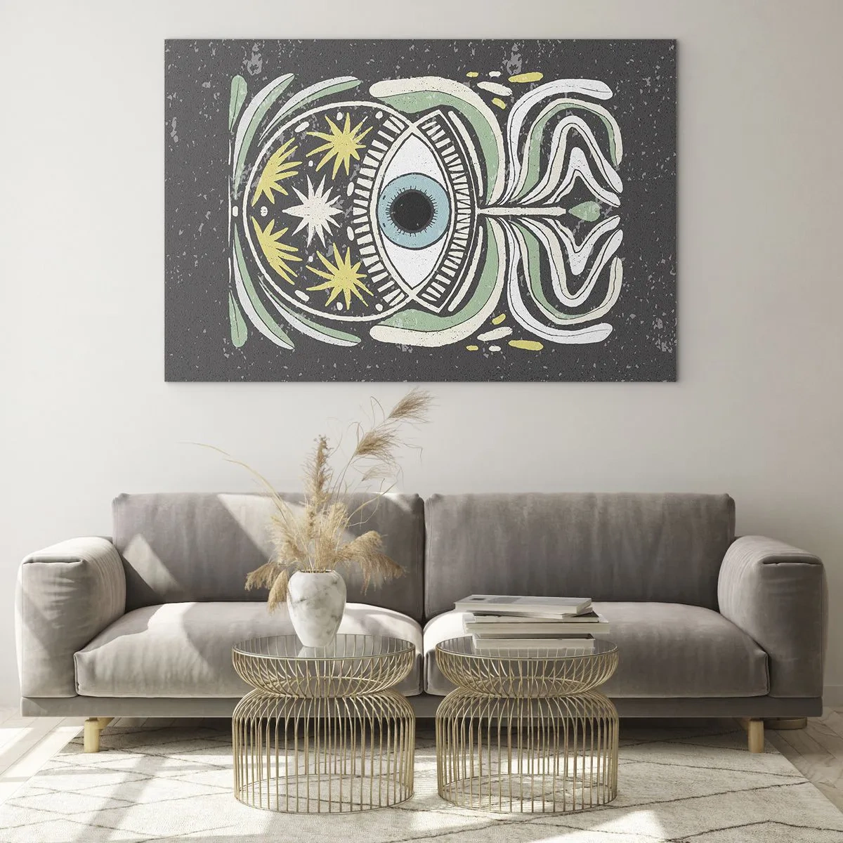 Obraz na skle - Grafické oko s kmeňovou ornamentikou na tmavom pozadí - 70x50cm - Kmeňové rituály - Moderná nástenná dekorácia do obývacej izby a spálne ARTTOR