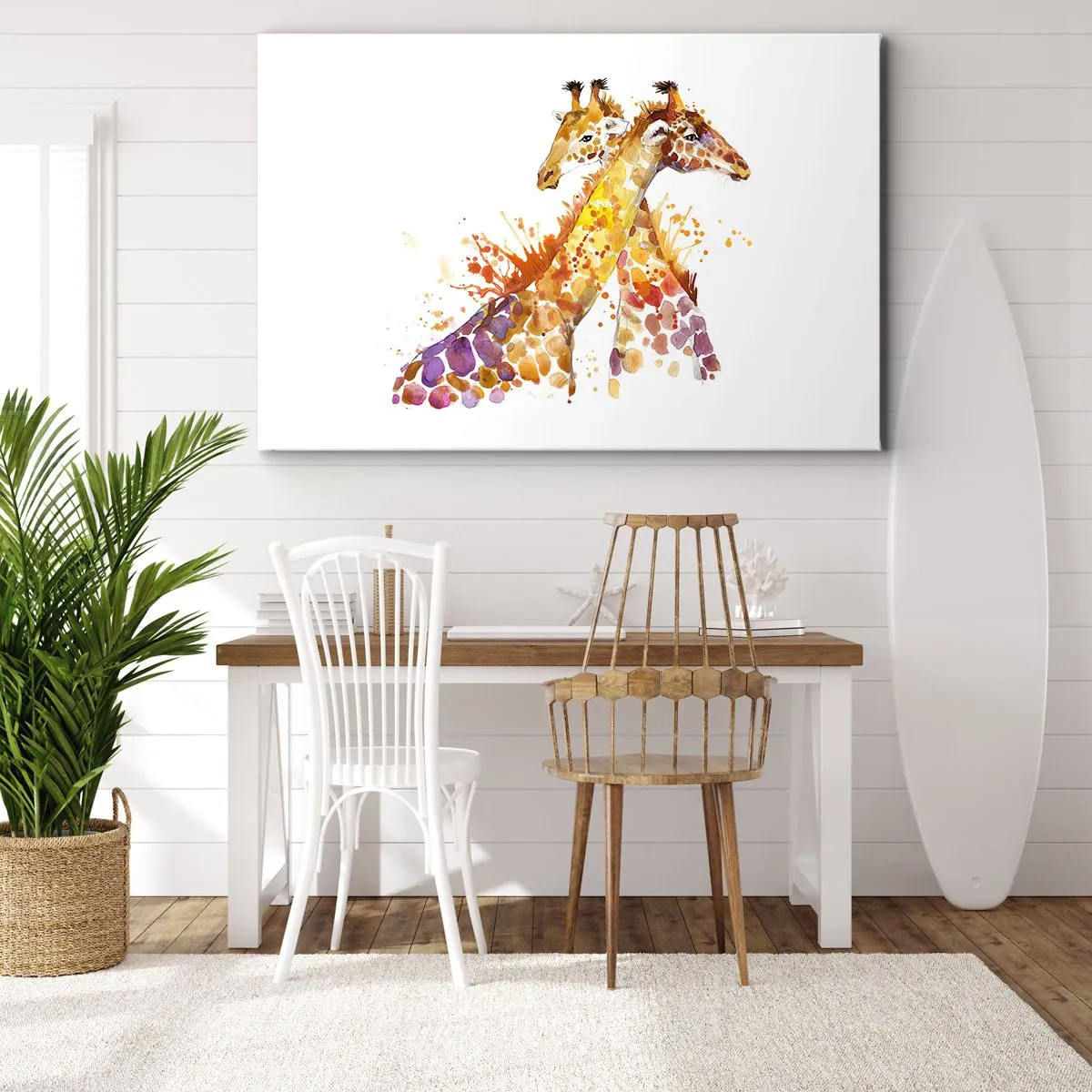Obraz na plátne - Akvarelové žirafy v farebných odtieňoch - 70x50cm - Je to priateľstvo alebo je to láska? - Moderná nástenná dekorácia do obývacej izby a spálne ARTTOR