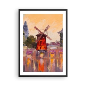 Plagát v čiernom ráme - Maliarska interpretácia slávneho veterného mlyna na pozadí mesta - 50x70cm - Parížske ikony – Moulin Rouge - Moderná nástenná dekorácia do obývacej izby a spálne ARTTOR