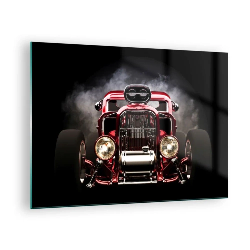 Obraz na skle - Red hot rod v hustom dyme - 70x50cm - Rýchly a zbesilo krásny - Moderná nástenná dekorácia do obývacej izby a spálne ARTTOR