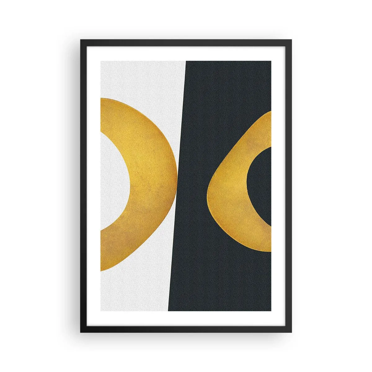 Plagát v čiernom ráme - Abstraktná kompozícia s dominantnými zlatými a tmavozelenými tvarmi. - 50x70cm - Po prvé: zlato - Moderná nástenná dekorácia do obývacej izby a spálne ARTTOR