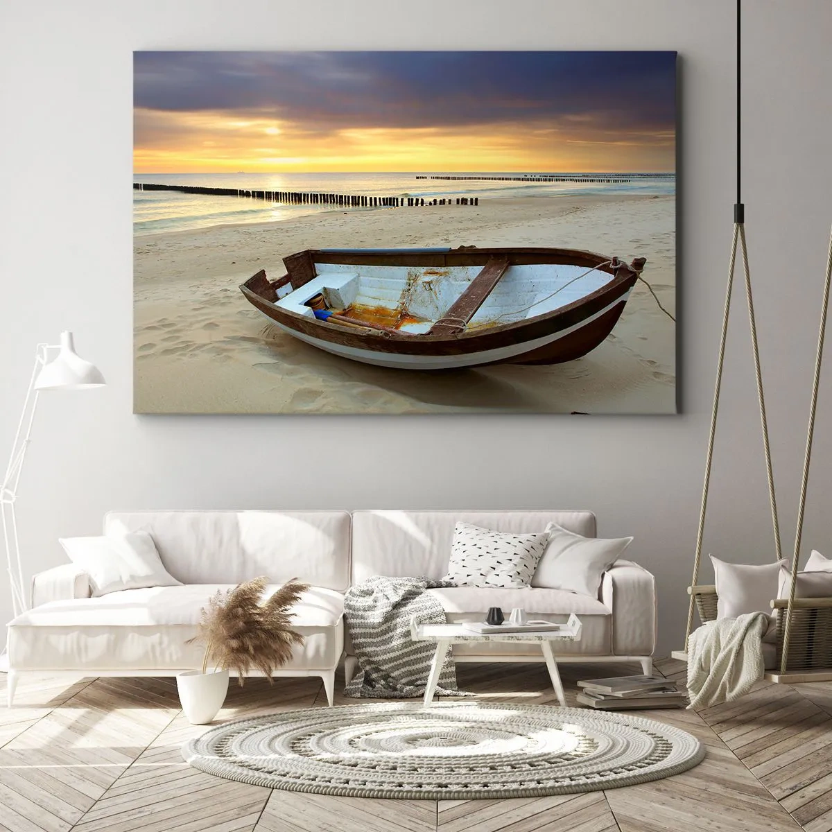 Obraz na plátne - Loď na piesočnatej pláži pri západe slnka - 70x50cm - Neexistuje krajšia pláž - Moderná nástenná dekorácia do obývacej izby a spálne ARTTOR