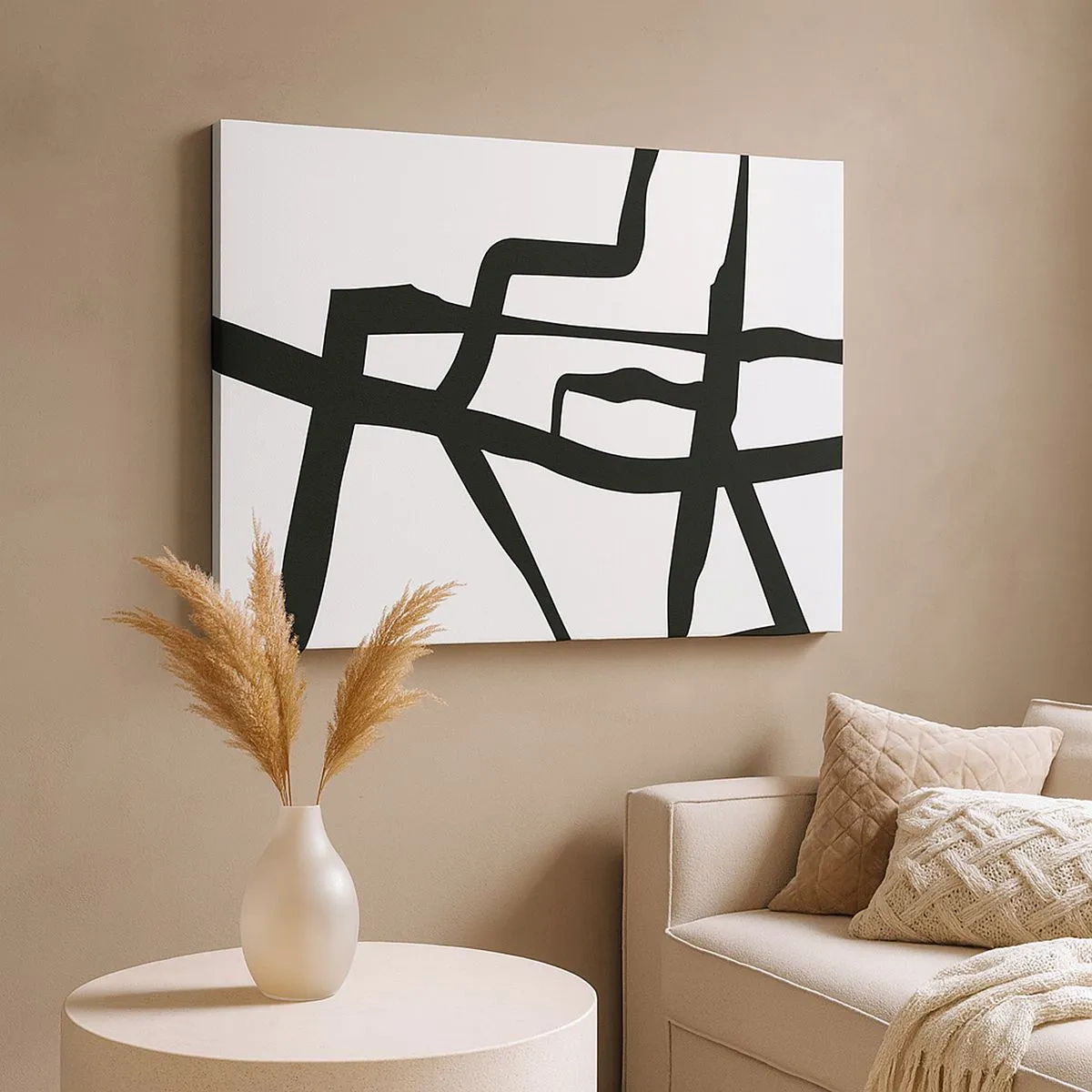Obraz na plátne - Minimalistický čiernobiely vzor s geometrickými čiarami - 70x50cm - Čiernobiela konštrukcia - Moderná nástenná dekorácia do obývacej izby a spálne ARTTOR