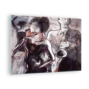 Obraz na skle - Tanečníci a saxofonista v umeleckom štýle náčrtu - 70x50cm - Rozplynúť sa v hudbe - Moderná nástenná dekorácia do obývacej izby a spálne ARTTOR