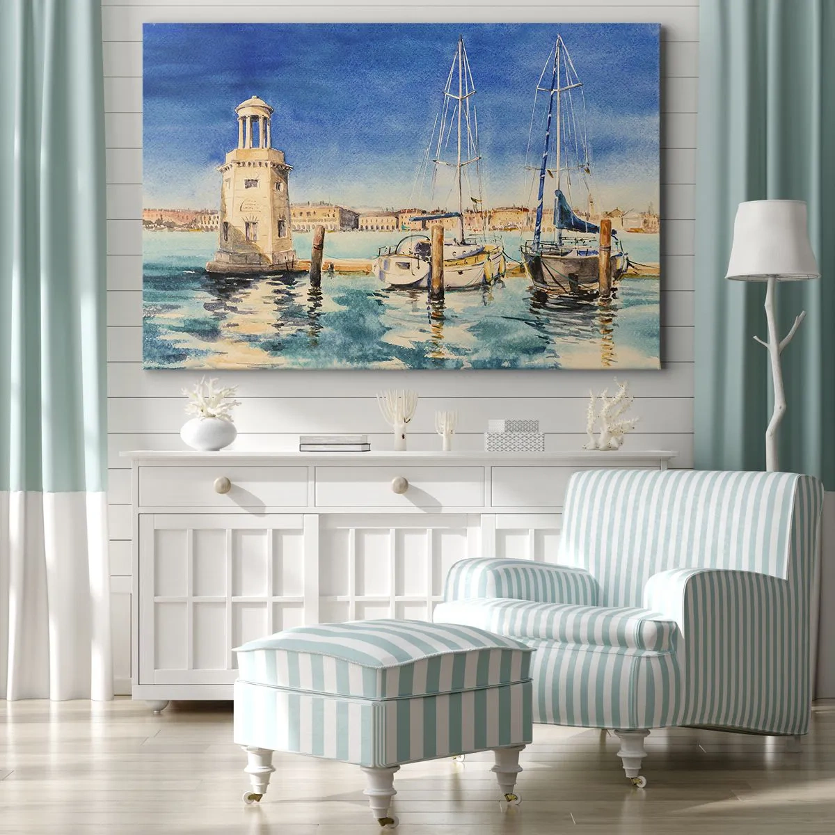 Obraz na plátne - Prístav s loďkami na pozadí modrej lagúny - 70x50cm - Slnečná lagúna - Moderná nástenná dekorácia do obývacej izby a spálne ARTTOR