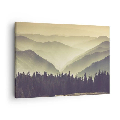 Obraz na plátne - Malebné pohoria zahalené v hmle v teplom svetle - 70x50cm - Za siedmimi horami… - Moderná nástenná dekorácia do obývacej izby a spálne ARTTOR
