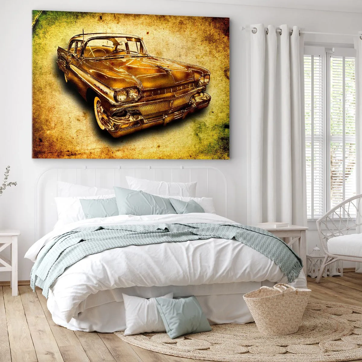 Obraz na plátne - Zlaté klasické retro auto na vintage pozadí so zostarnutým efektom. - 70x50cm - Nehynúca krása klasiky - Moderná nástenná dekorácia do obývacej izby a spálne ARTTOR