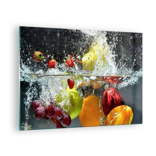 Obraz na skle - Ovocie ponorené vo vode s dynamickými striekajúcimi farbami - 70x50cm - Ovocné osvieženie - Moderná nástenná dekorácia do obývacej izby a spálne ARTTOR