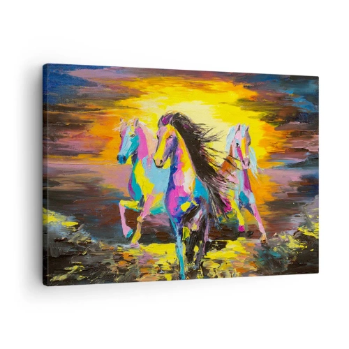 Obraz na plátne - Farebné kone cválajúce na pozadí zapadajúceho slnka - 70x50cm - Ponorené do dúhy - Moderná nástenná dekorácia do obývacej izby a spálne ARTTOR