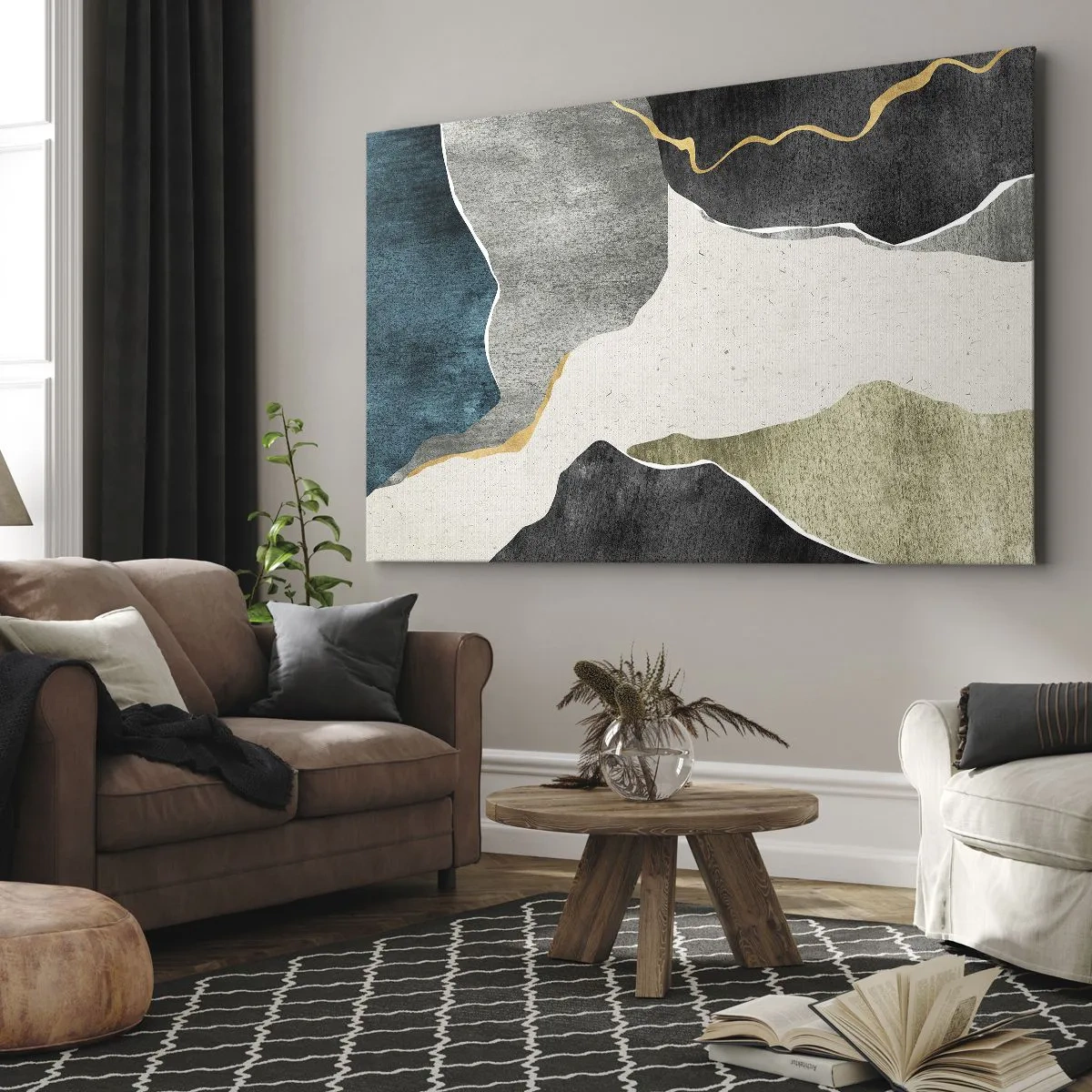 Obraz na plátne - Geometrické tvary v odtieňoch sivej, zelenej a zlatej - 70x50cm - Mozaiková kompozícia so zlatou niťou - Moderná nástenná dekorácia do obývacej izby a spálne ARTTOR