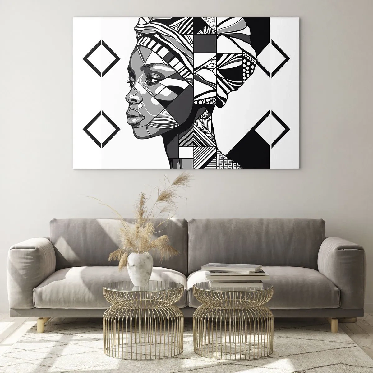 Obraz na skle - Čiernobiely etnický portrét ženy s geometrickými vzormi - 70x50cm - Etnický portrét - Moderná nástenná dekorácia do obývacej izby a spálne ARTTOR