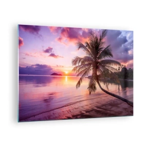 Obraz na skle - Exotická pláž s palmou pri západe slnka - 70x50cm - Blahobyt až po okraj - Moderná nástenná dekorácia do obývacej izby a spálne ARTTOR