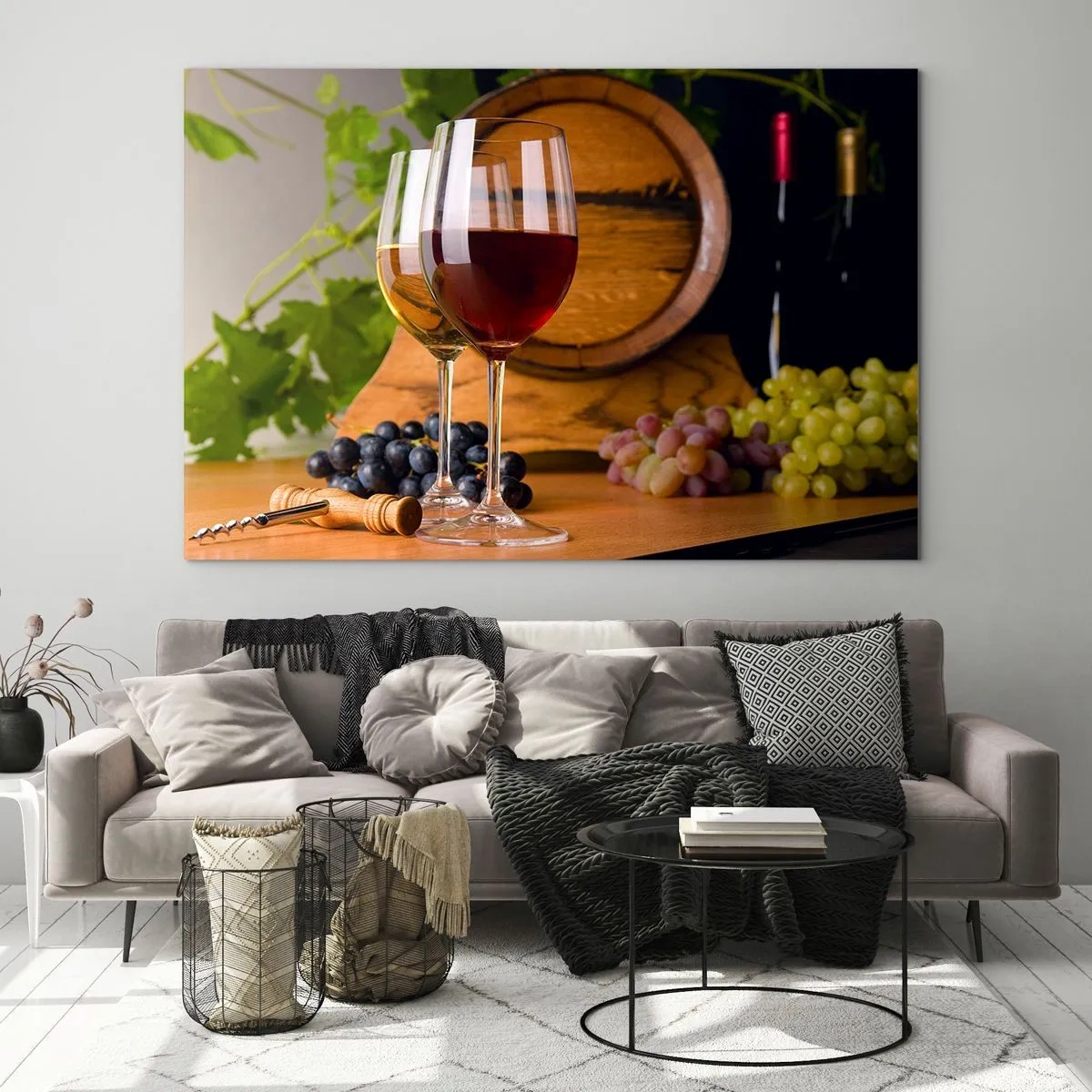 Obraz na skle - Poháre vína, hrozno a sud na pozadí viničných listov - 70x50cm - Ako u starých majstrov - Moderná nástenná dekorácia do obývacej izby a spálne ARTTOR