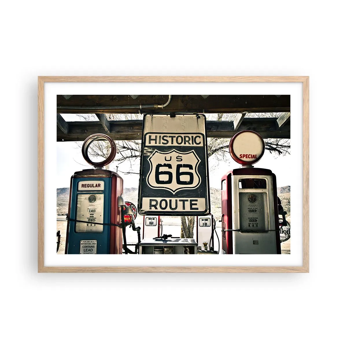 Plagát v ráme zo svetlého duba - Americká retro cesta - 70x50 cm