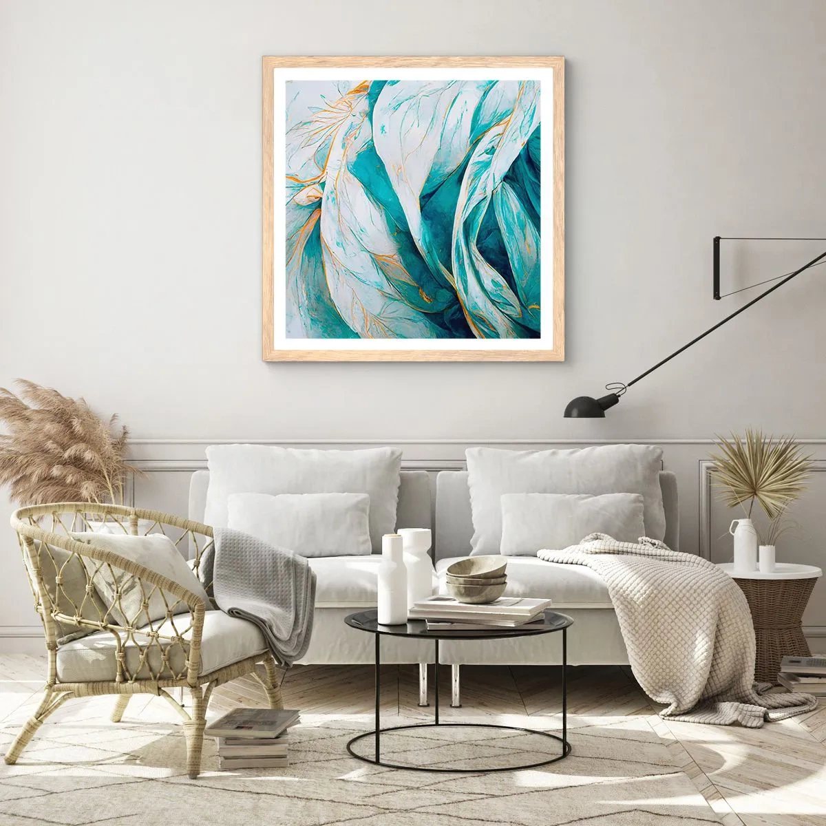 Plagát v ráme zo svetlého duba - Modrá abstrakcia so zlatým motívom - 50x50 cm