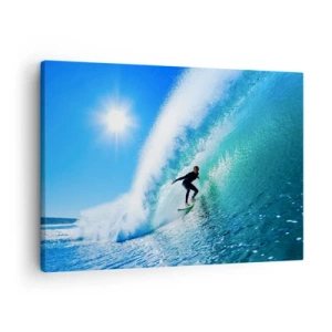 Obraz na plátne - Surfer na doske sa viez v silnej vlne pod modrou oblohou. - 70x50cm - Cez veľký blankyt - Moderná nástenná dekorácia do obývacej izby a spálne ARTTOR