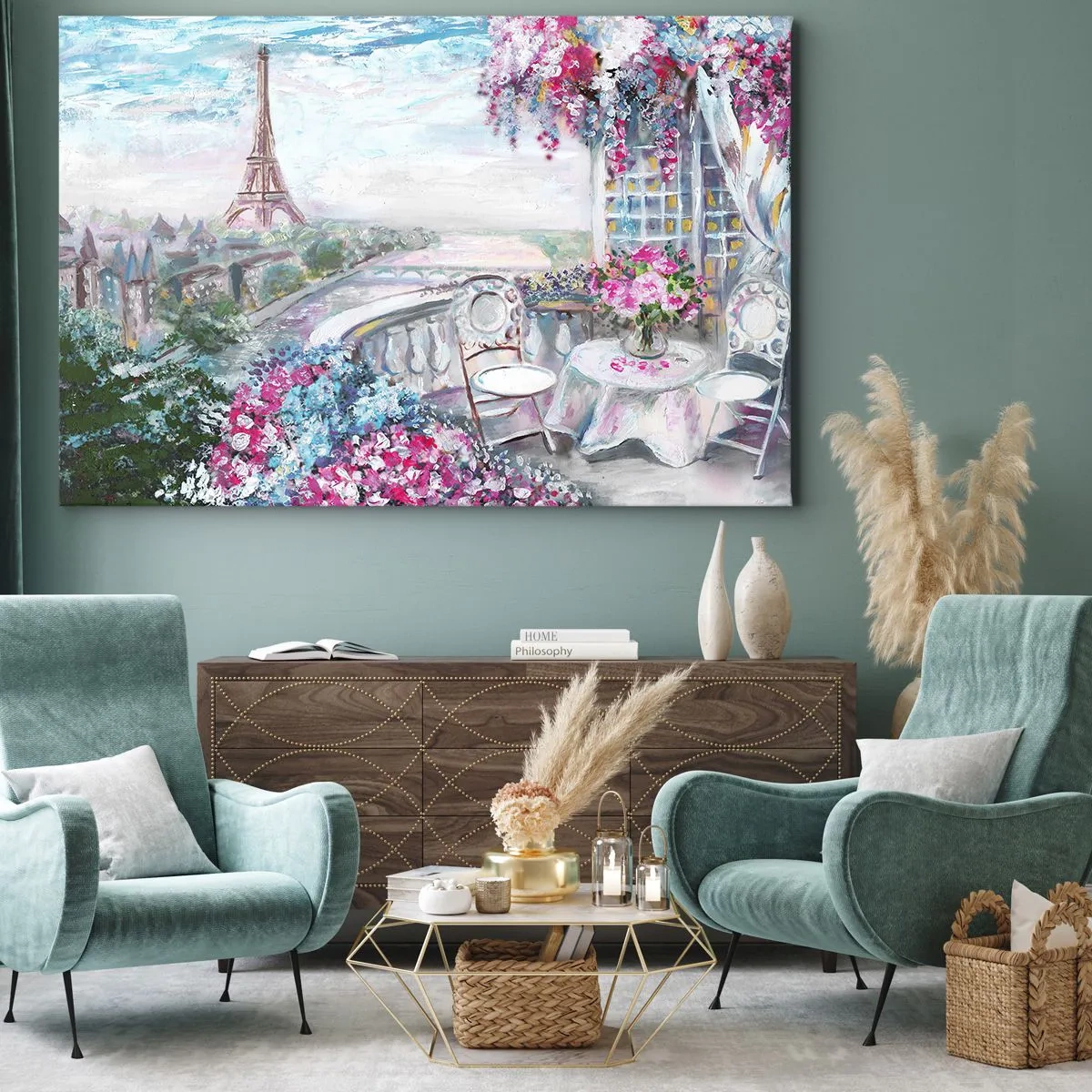 Obraz na plátne - Romantický výhľad na Paríž s Eiffelovou vežou a balkónom plným kvetov - 70x50cm - Najkrajšie je tu v máji - Moderná nástenná dekorácia do obývacej izby a spálne ARTTOR
