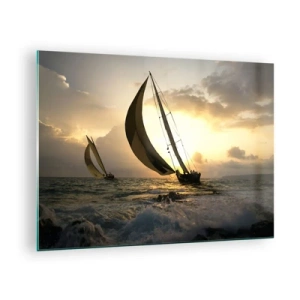 Obraz na skle - Plachetnice v rozbúrenom mori pri západe slnka - 70x50cm - S vetrom a proti vetru - Moderná nástenná dekorácia do obývacej izby a spálne ARTTOR