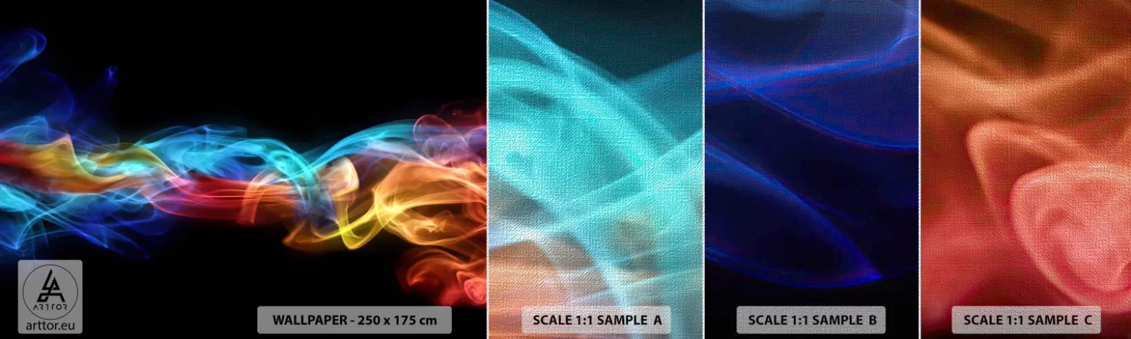 Vzorka fototapety Premium Canvas - Dúhový tanec hmly - Abstrakcia, Grafika, Farebné plamene - 100x30 cm