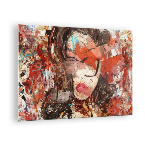 Obraz na skle - Abstraktný portrét ženy v odtieňoch červenej a béžovej - 70x50cm - Aká si skutočne nikto nevie - Moderná nástenná dekorácia do obývacej izby a spálne ARTTOR