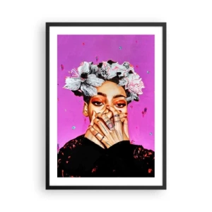 Plagát v čiernom ráme - Expresívny portrét ženy na intenzívne ružovom pozadí. - 50x70cm - Trochu bláznivá - Moderná nástenná dekorácia do obývacej izby a spálne ARTTOR
