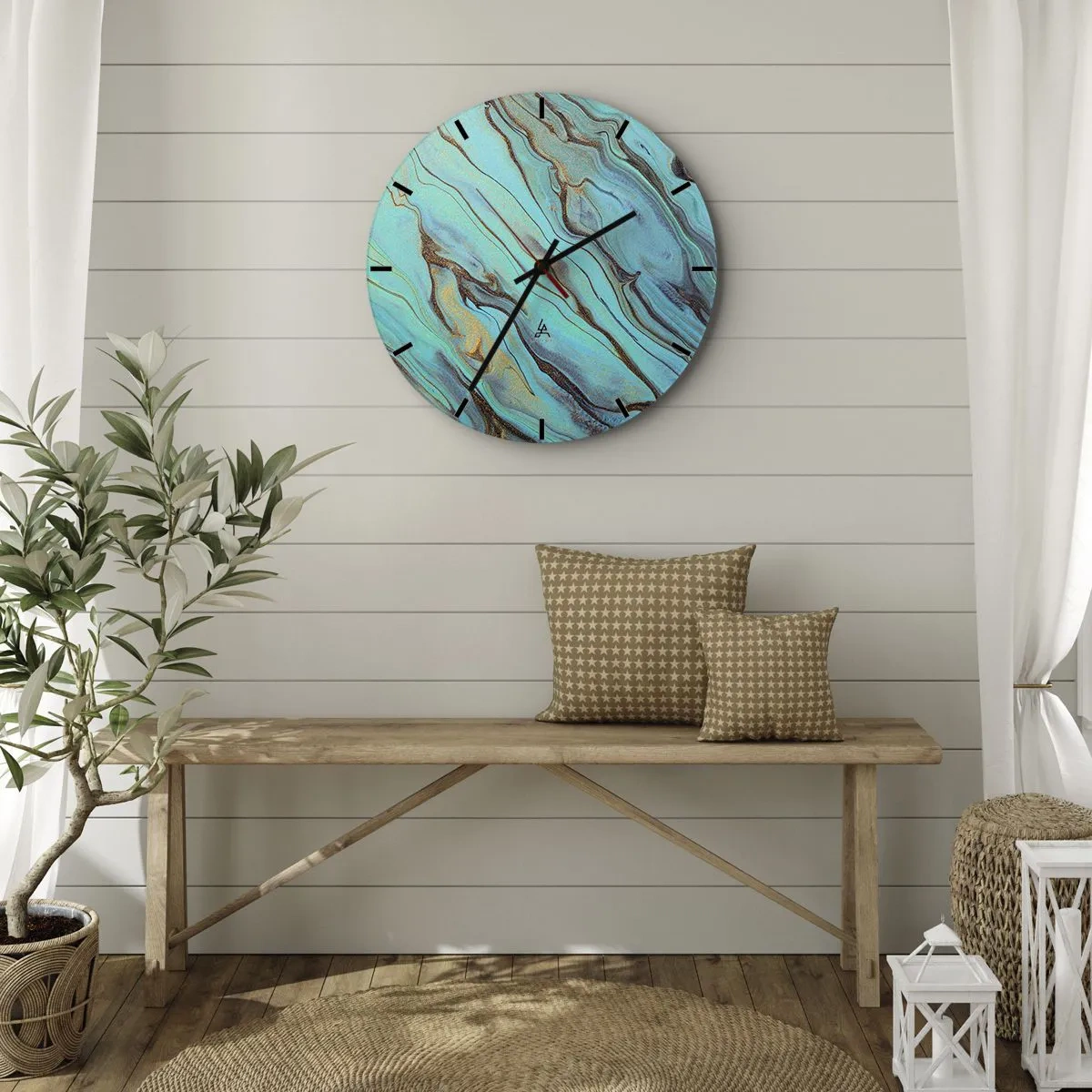 Nástenné hodiny - Tyrkysové a zlaté mramorované vlny - 30x30cm - Tyrkysový príliv - Moderná nástenná dekorácia do obývacej izby, kuchyne a spálne ARTTOR
