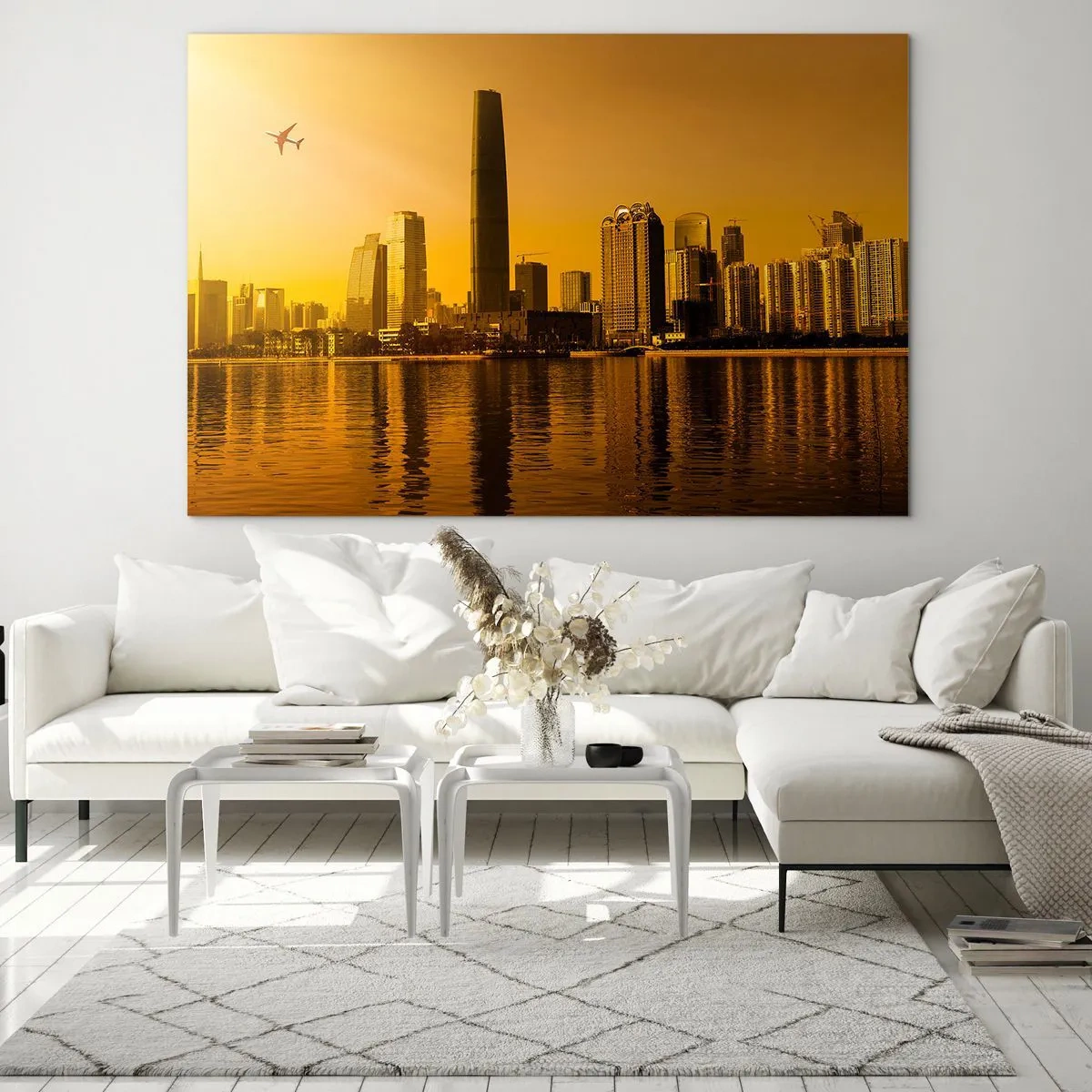 Obraz na skle - Moderné mesto s mrakodrapmi pri západe slnka - 70x50cm - Zlaté mesto - Moderná nástenná dekorácia do obývacej izby a spálne ARTTOR