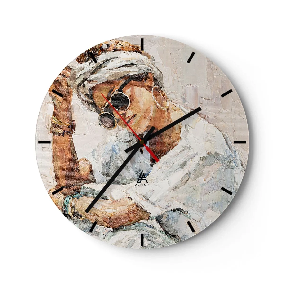 Nástenné hodiny - Portrét ženy so slnečnými okuliarmi maľovaný impasto technikou - 30x30cm - Portrét v plnom slnku - Moderná nástenná dekorácia do obývacej izby, kuchyne a spálne ARTTOR