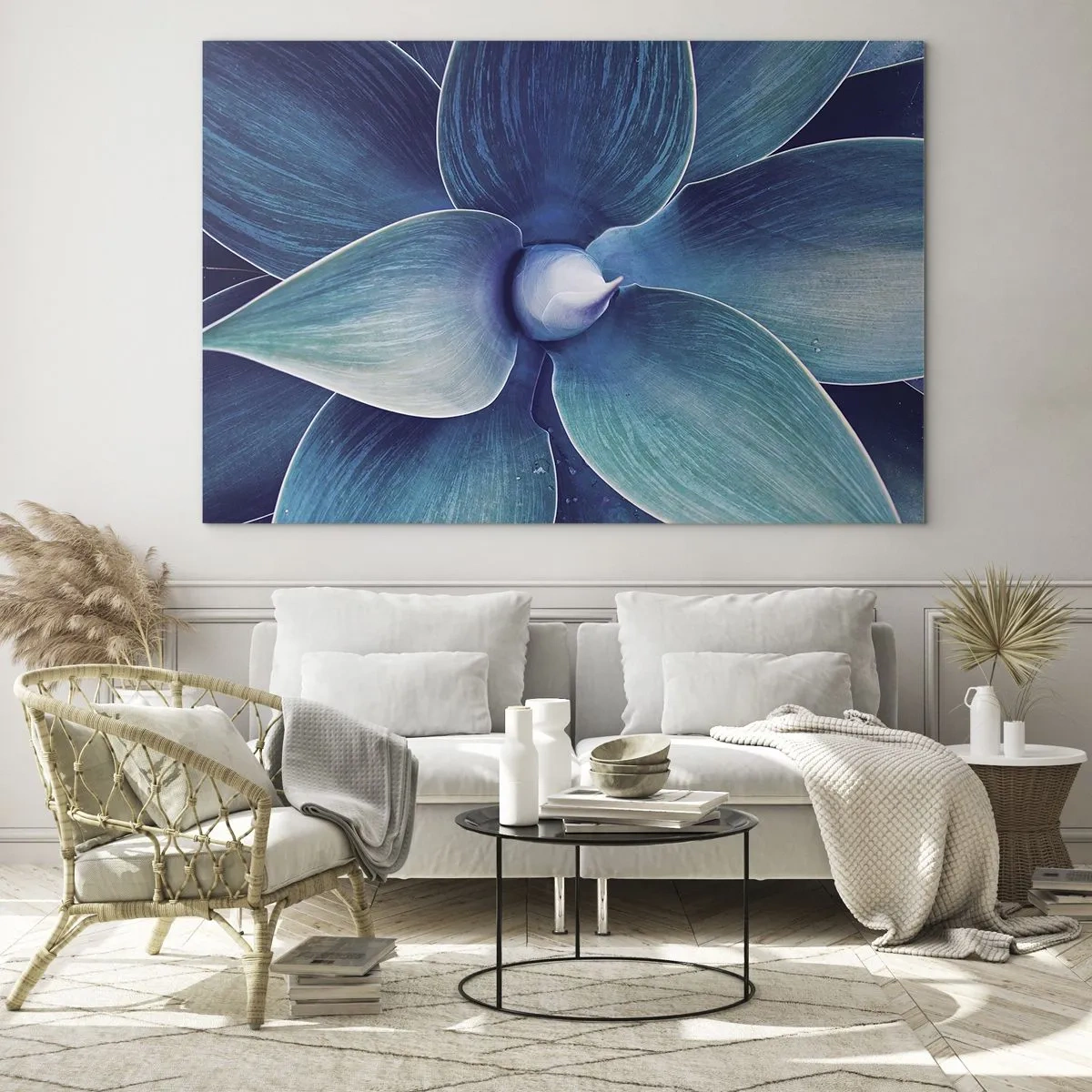 Obraz na skle - Makrofotografia rastliny v odtieňoch modrej - 70x50cm - Modrastý od neba - Moderná nástenná dekorácia do obývacej izby a spálne ARTTOR