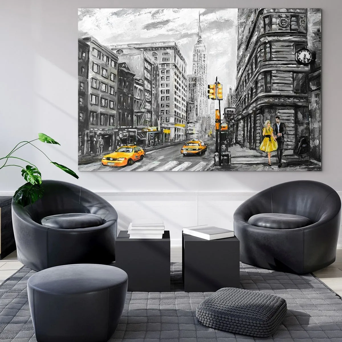 Obraz na skle - Ilustrácia New Yorku v odtieňoch čiernej a bielej so žltými akcentmi. - 70x50cm - Newyorský príbeh - Moderná nástenná dekorácia do obývacej izby a spálne ARTTOR