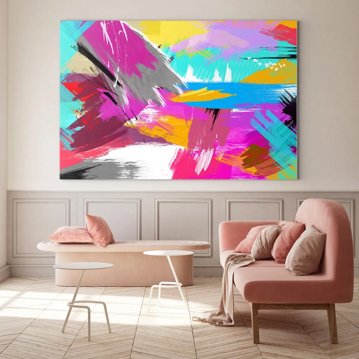 Obraz na skle - Farebná abstrakcia s dynamickými ťahmi štetcom - 70x50cm - Šmuha, šmuha, sama šmuha - Moderná nástenná dekorácia do obývacej izby a spálne ARTTOR