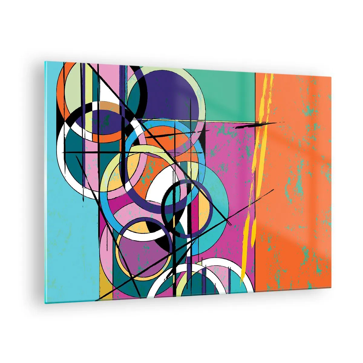 Obraz na skle - Farebná abstrakcia s geometrickými tvarmi a kruhmi - 70x50cm - Kruh za kruhom - Moderná nástenná dekorácia do obývacej izby a spálne ARTTOR