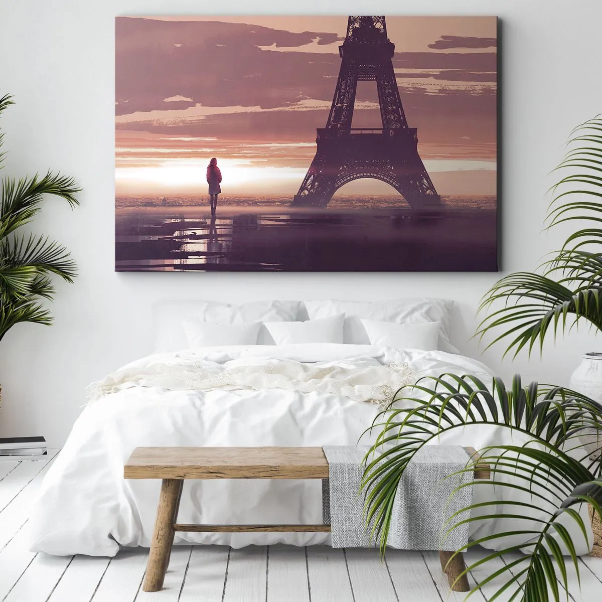 Obraz na plátne - Postava pozerajúca sa na Eiffelovu vežu vo svetle zapadajúceho slnka - 70x50cm - Iba tie dve - Moderná nástenná dekorácia do obývacej izby a spálne ARTTOR