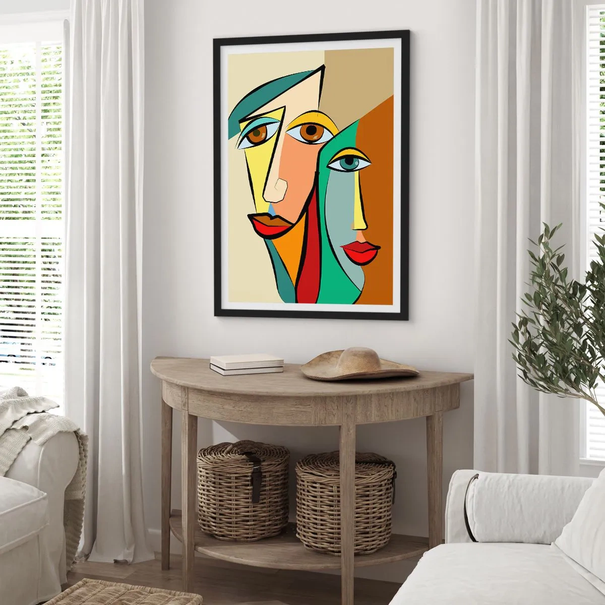 Plagát v čiernom ráme - Abstraktné tváre v kubistickom štýle v teplých farbách - 50x70cm - Kubistický pár - Moderná nástenná dekorácia do obývacej izby a spálne ARTTOR