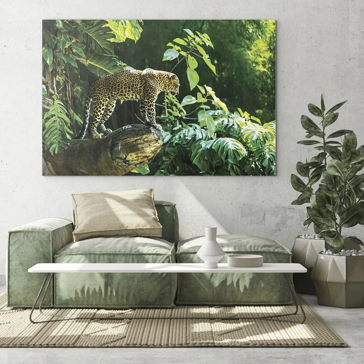 Obraz na skle - Leopard na skale v tropickej džungli - 70x50cm - Na lov? - Moderná nástenná dekorácia do obývacej izby a spálne ARTTOR