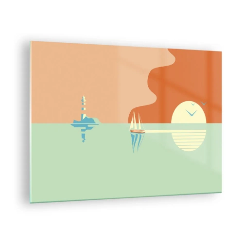 Obraz na skle - Minimalistický západ slnka s plachetnicou a majákom - 70x50cm - Dokonalá morská krajina - Moderná nástenná dekorácia do obývacej izby a spálne ARTTOR