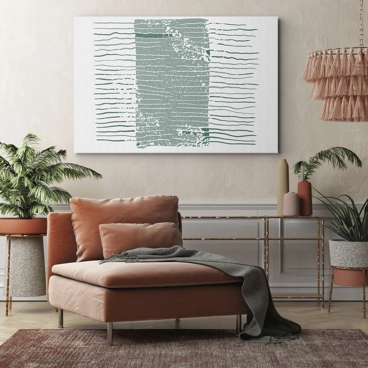 Obraz na plátne - Geometrický vzor v odtieňoch morskej zelenej a bielej - 70x50cm - Morská abstrakcia - Moderná nástenná dekorácia do obývacej izby a spálne ARTTOR