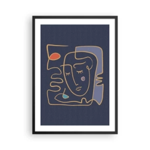 Plagát v čiernom ráme - Minimalistická abstraktná tvár na tmavomodrom pozadí v štýle linkovej grafiky - 50x70cm - V zádumčivosti - Moderná nástenná dekorácia do obývacej izby a spálne ARTTOR