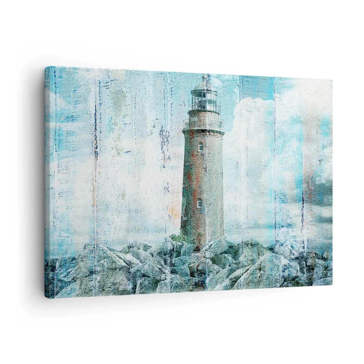 Obraz na plátne - Maják na skalnatom pobreží v pastelových farbách - 70x50cm - Na starom dreve - Moderná nástenná dekorácia do obývacej izby a spálne ARTTOR