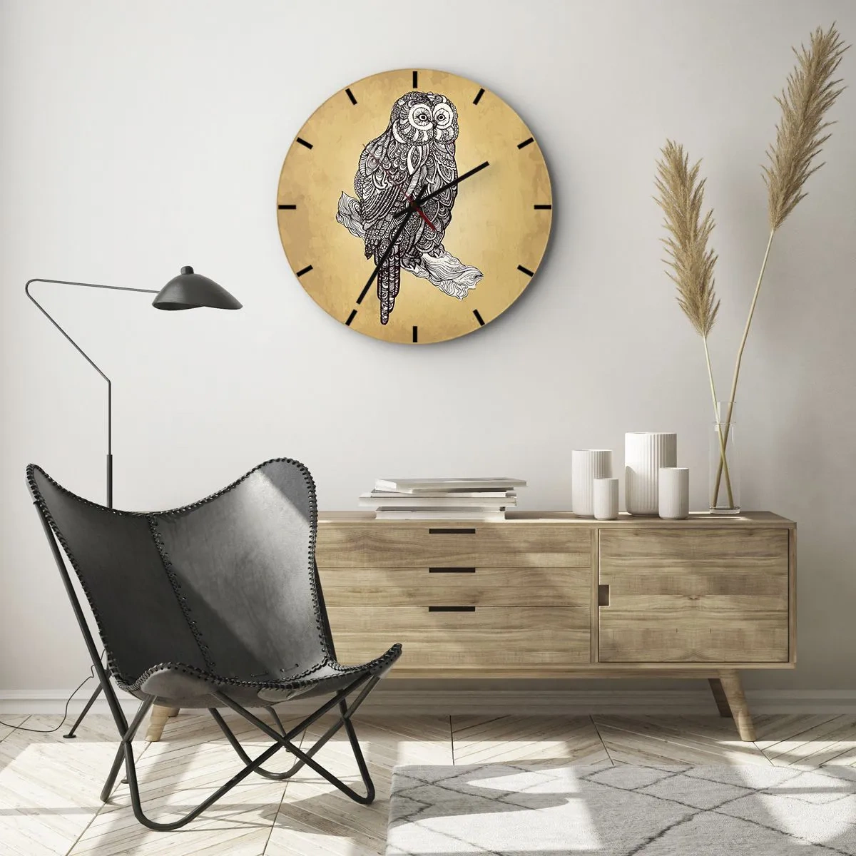 Nástenné hodiny - Umelecká sova na béžovom pozadí so zložitým vzorom - 30x30cm - Majstrovské ornamenty múdrosti - Moderná nástenná dekorácia do obývacej izby, kuchyne a spálne ARTTOR
