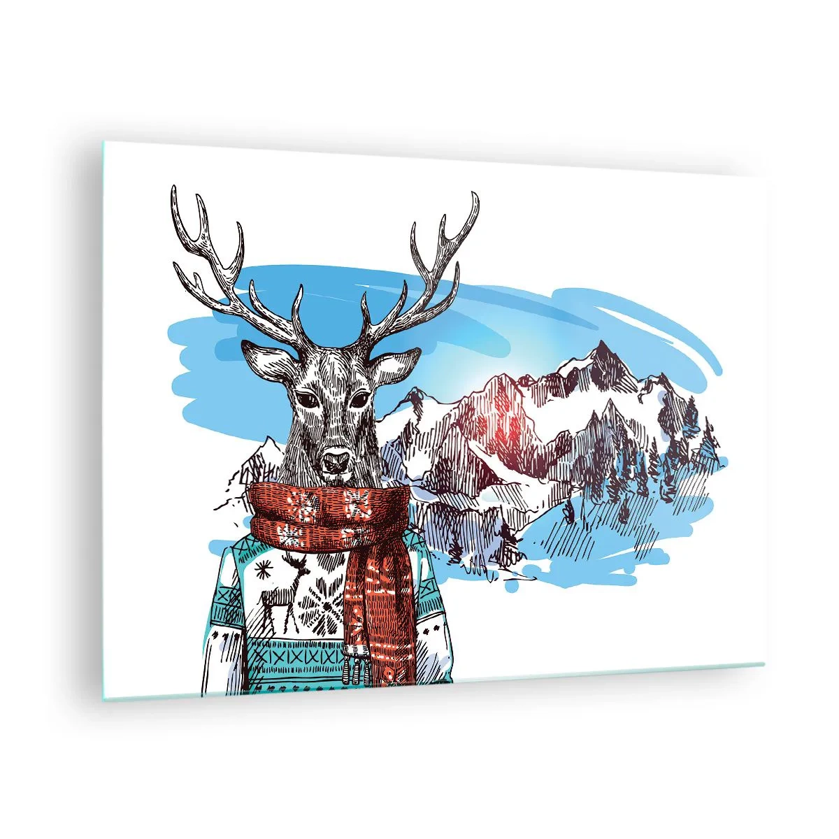Obraz na skle - Jeleň v svetri a šatke na pozadí horskej krajiny - 70x50cm - Ani jeleň nemrzne - Moderná nástenná dekorácia do obývacej izby a spálne ARTTOR
