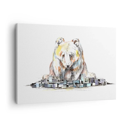 Obraz na plátne - Ilustrácia medveďa s farebnými detailmi a kockami - 70x50cm - Ako sa dá takto žiť? - Moderná nástenná dekorácia do obývacej izby a spálne ARTTOR