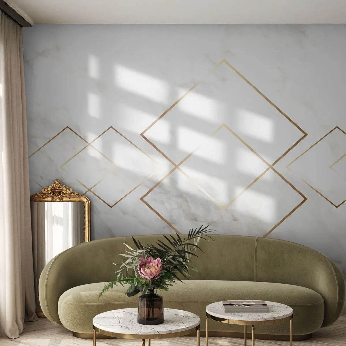 Fototapeta Standard Eco - Biele mramorové pozadie so zlatými geometrickými vzormi - 100x70cm - Pohľad na nekonečno - Moderná nástenná dekorácia do obývacej izby a spálne ARTTOR