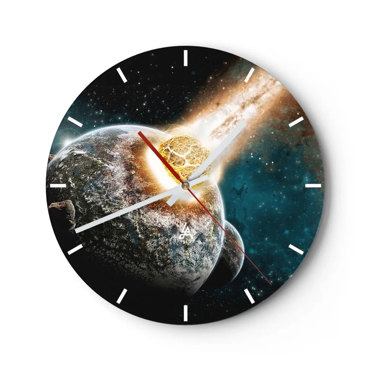 Nástenné hodiny - Zem a meteorit v kozmickej explózii - 30x30cm - Skaza alebo narodenie? - Moderná nástenná dekorácia do obývacej izby, kuchyne a spálne ARTTOR